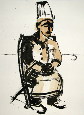 Andacht mit Apfel, 2007, Tusche, Tempera, A3, Jens Wahl