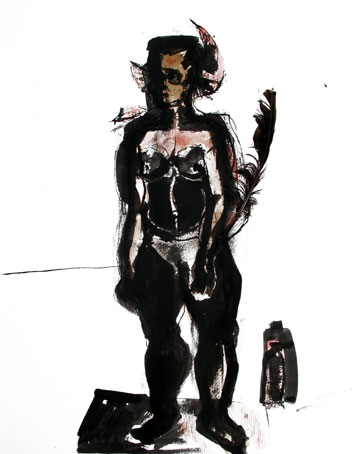 Stabiler Akt mit Feder, 50x40cm, Tusche, Tempera auf Papier