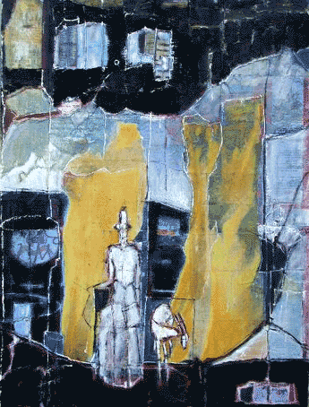 Gestalt mit Ziege und Trommel, Collage, Mischtechnik, ca.  40x60