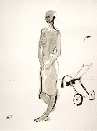 Stehende mit Wagen, ca. A2, Kohle, Tusche, Tempera